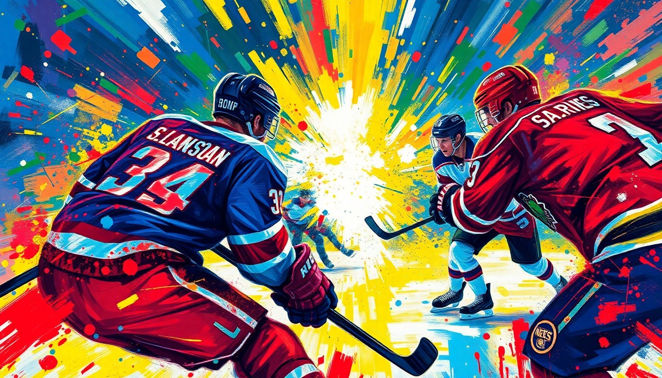 An abstract expressionist painting in vibrant neon colors, with rapid brushstrokes capturing the intense action and emotion of a hockey shootout, the players' forms dissolving into unrecognizable splatters of paint.
