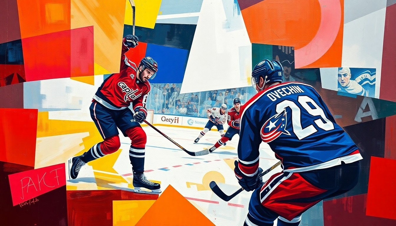 A fractured, multi-perspective painting featuring sharp, overlapping geometric planes in the colors of the Capitals and Blue Jackets uniforms, conceptually representing the dynamic action of a hockey game with Alex Ovechkin.