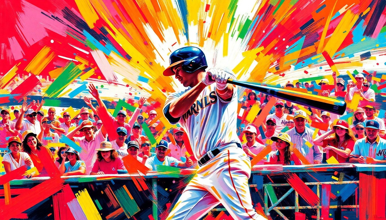 An abstract, energetic painting featuring bold, neon-colored brushstrokes that capture the dynamic motion and power of a baseball player's home run swing.