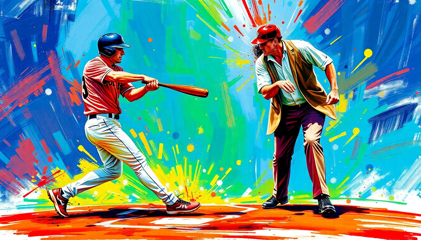 An abstract, energetic painting using vibrant neon colors and expressive brushstrokes to depict the tense moment of a baseball player swinging a bat and a manager ducking to avoid a line drive, conveying the raw emotion and athleticism of the sport.