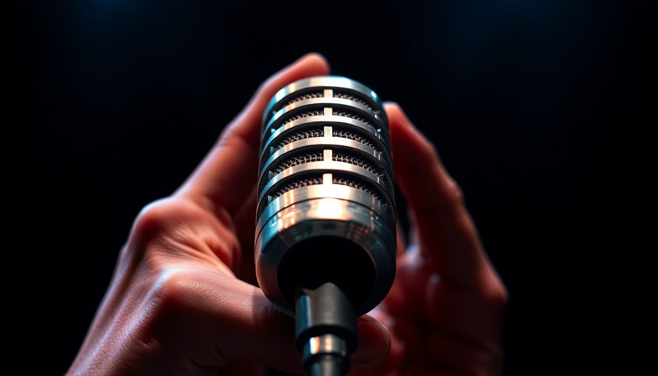 An abstract close-up photograph of a microphone, the metal and wires reflecting dramatic studio lighting to create a high-contrast, glamorous texture, conceptually representing the artistry and showmanship of a rising musical talent.