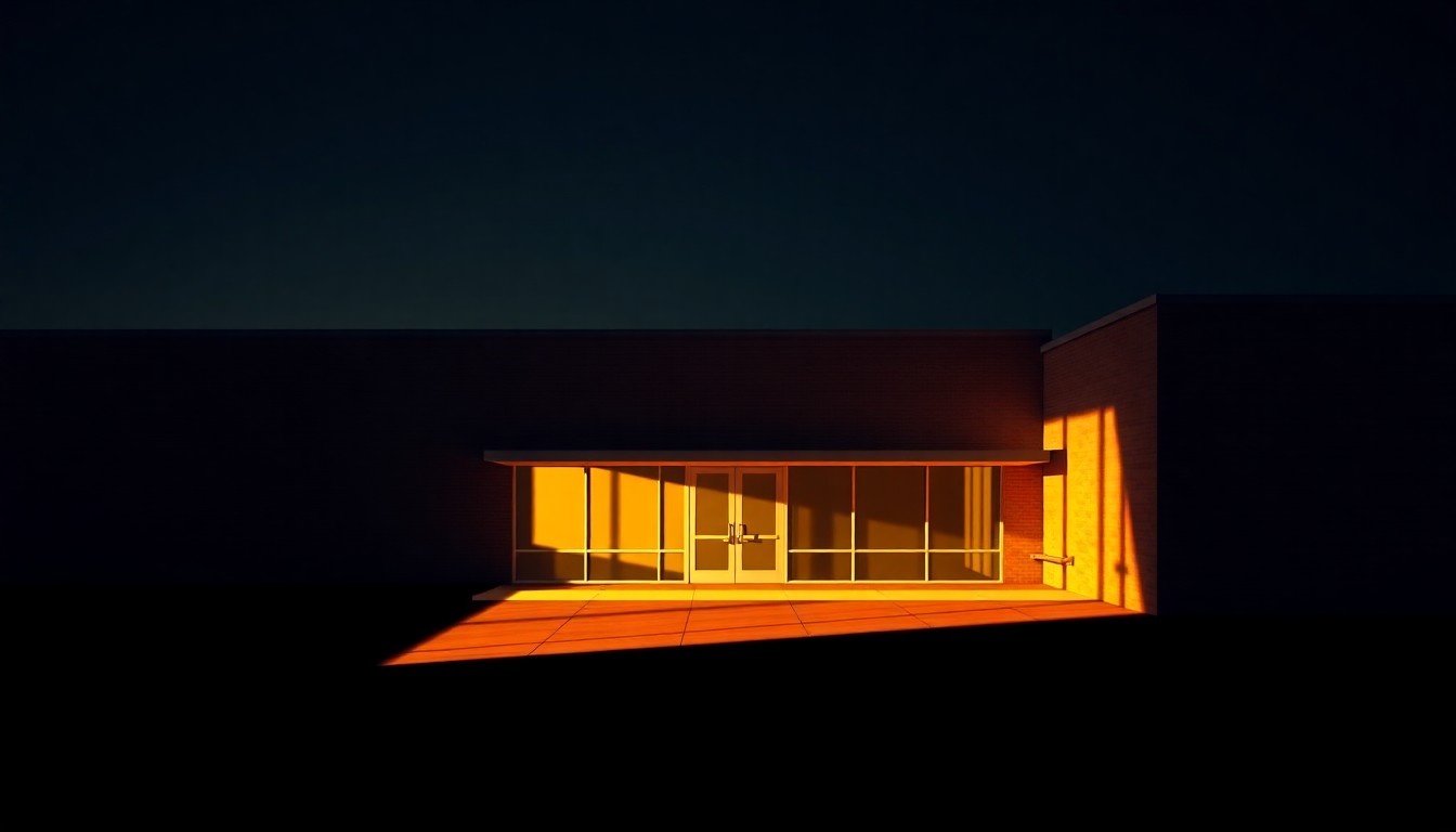 A dimly lit, cinematic painting of an empty government office building in Tulsa, with warm sunlight streaming through the windows and deep shadows casting a somber mood, conceptually representing the void left by a politician's withdrawal from office.