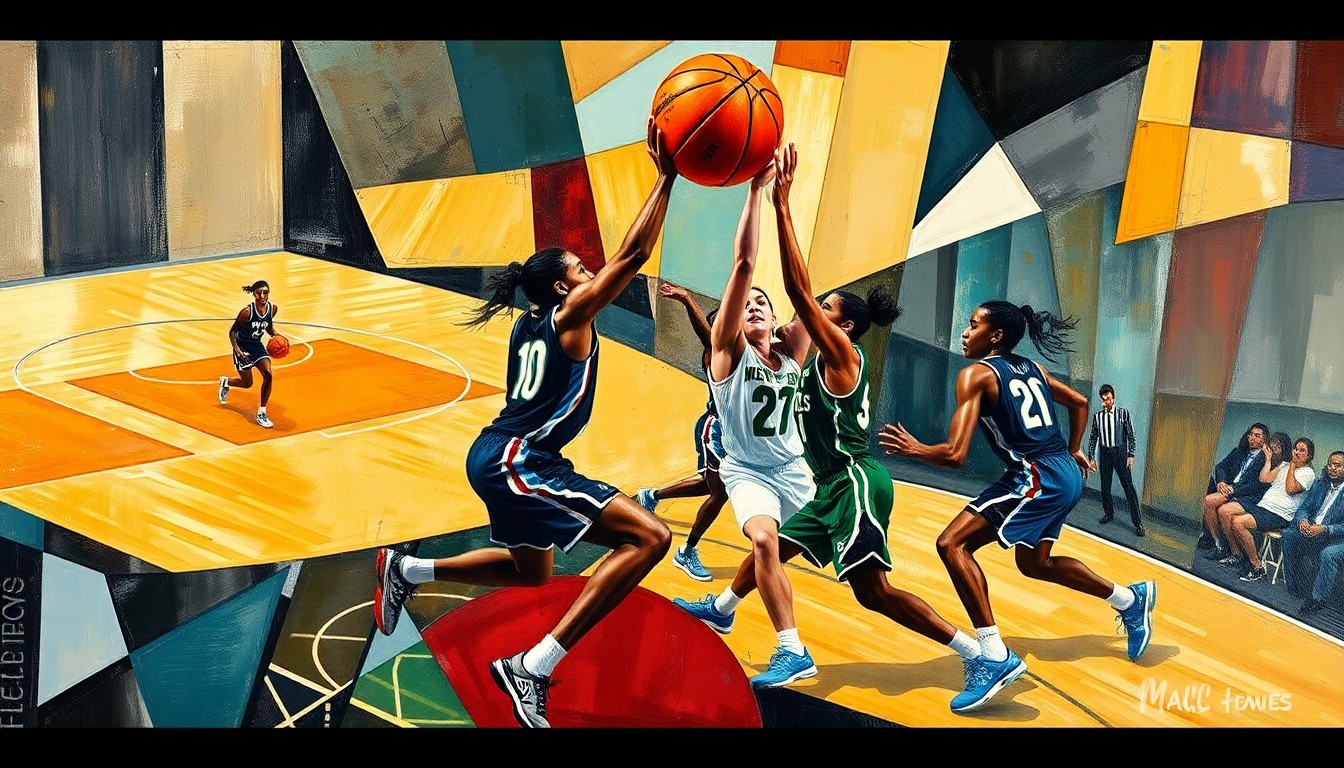 A cubist, geometric painting depicting the dynamic movements and energy of a WNBA basketball game, with players and the ball represented through sharp, overlapping planes of color and form.