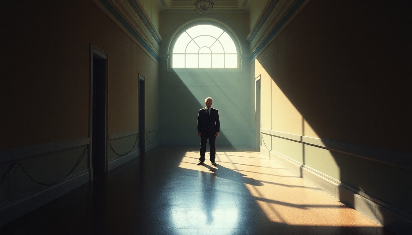 A serene, nostalgic painting of a lone politician standing in a sunlit government building hallway, the floor cast in deep shadows, conveying a sense of contemplation and the nuanced challenges of policymaking.