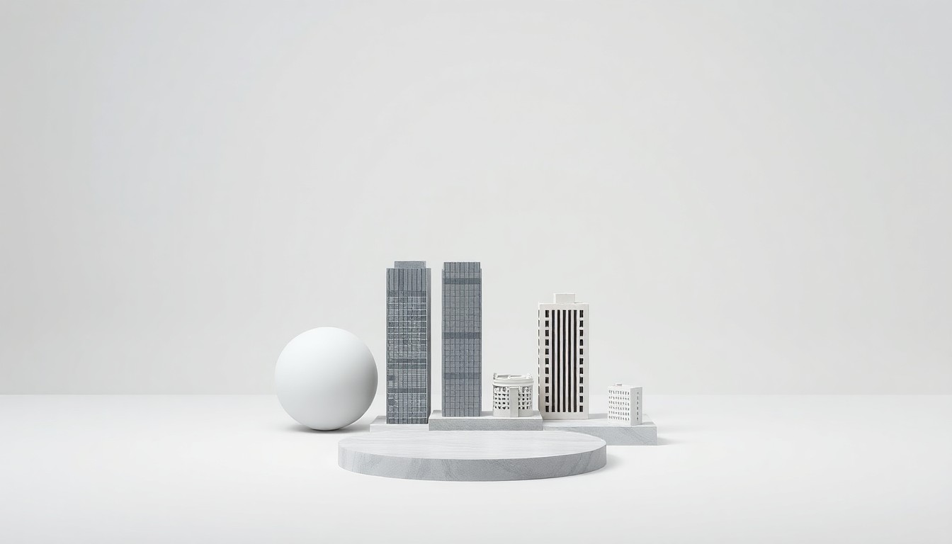 A high-end, photorealistic studio still life featuring a few simple, premium objects arranged elegantly on a clean, monochromatic background, conceptually representing the abstract ideas of zoning, urban planning, and commercial development.