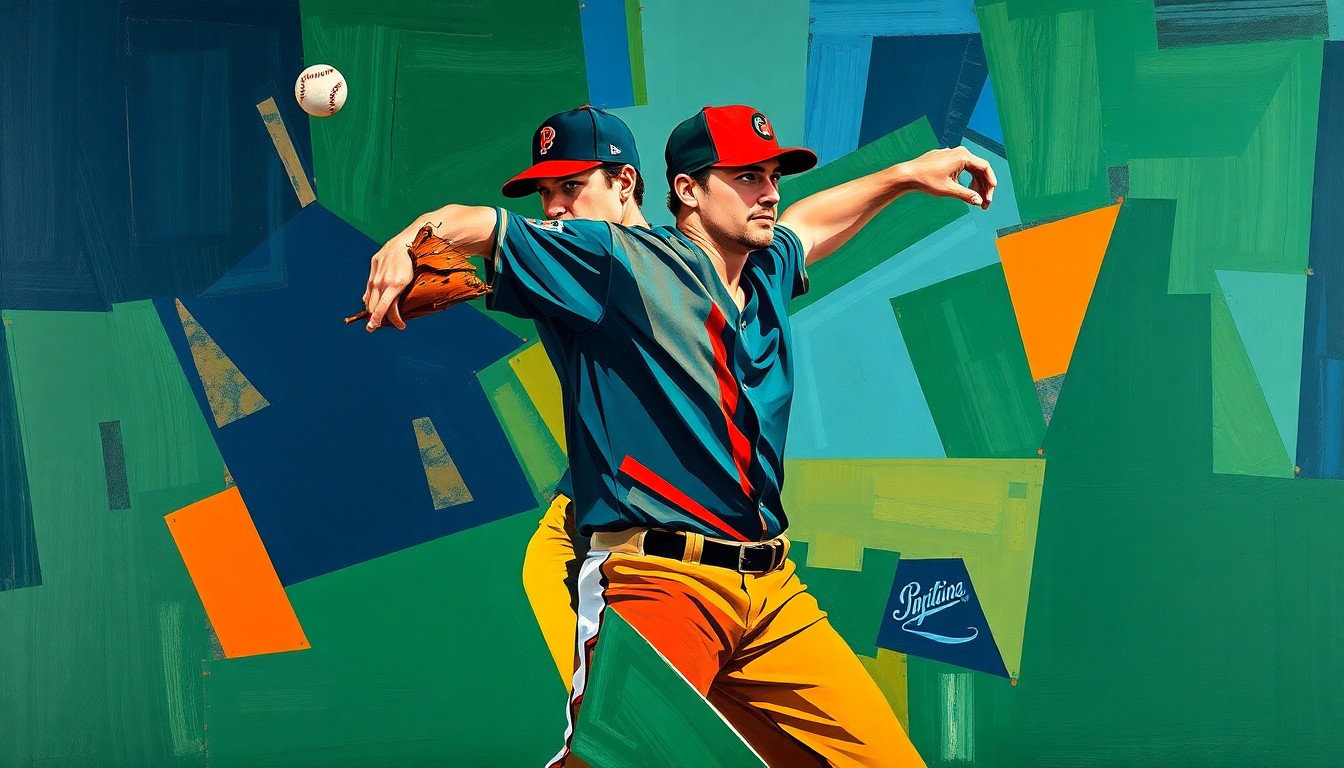 A cubist, geometric painting depicting a baseball pitcher's motion broken down into overlapping planes of navy, green, and orange, conveying the flexibility and depth of the Blue Jays' pitching staff.