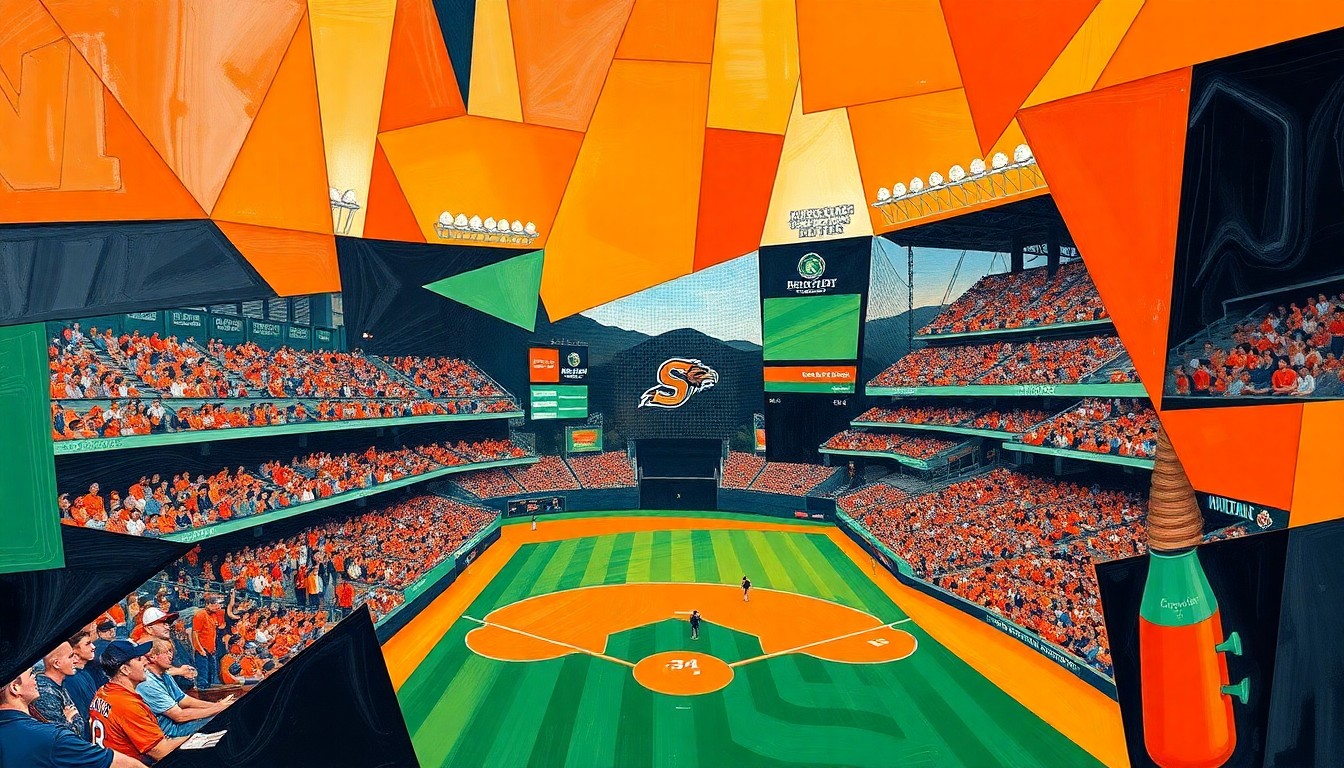 A fractured, cubist-style painting depicting a baseball game between Oregon State and the Hillsboro Hops, with the players and field broken down into sharp, overlapping geometric shapes and planes in vibrant orange, black, green, and red colors.