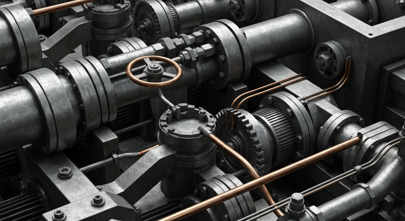 A cinematic close-up of heavy, industrial banking machinery and equipment in muted tones of steel gray, copper, and black, conveying a sense of financial security and economic infrastructure.