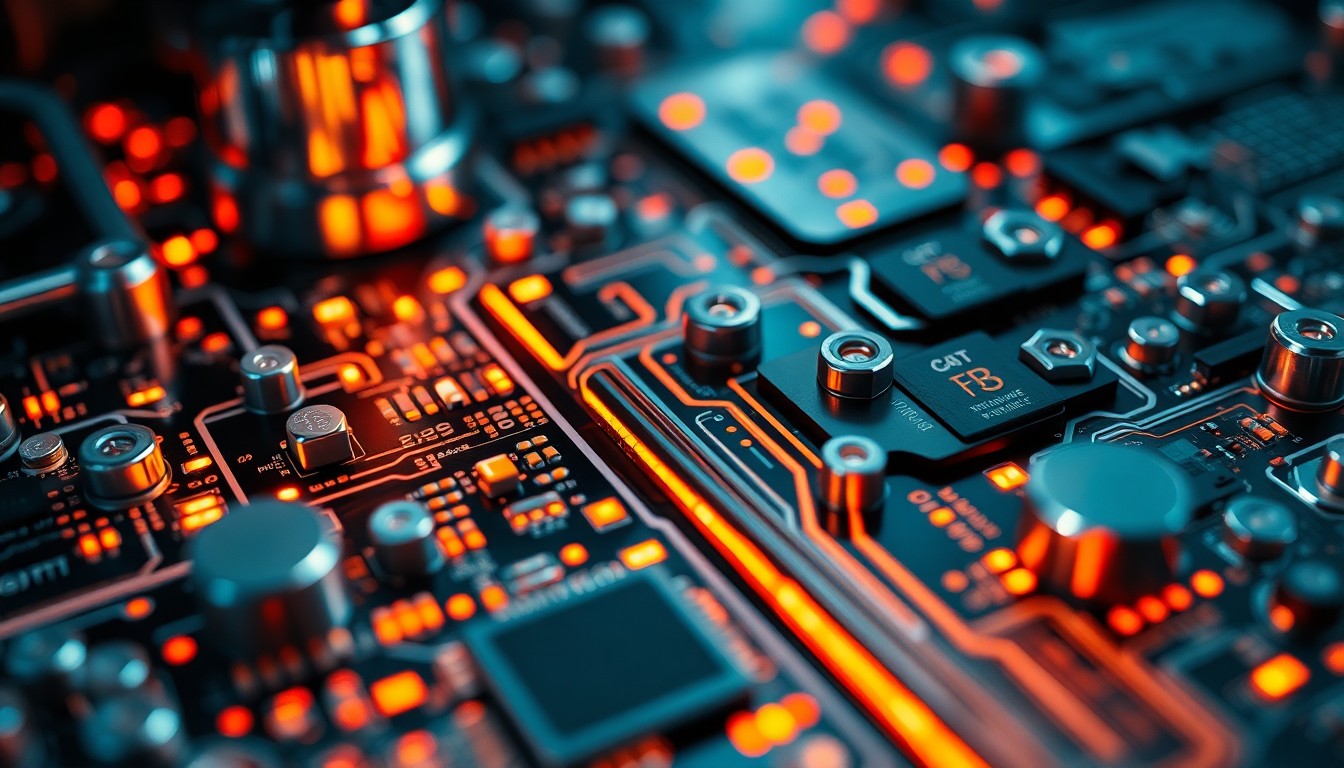 An extreme close-up of a futuristic robot component, such as a glowing circuit board or sleek metal joint, captured in dramatic, high-contrast lighting to create a gritty, high-tech aesthetic.