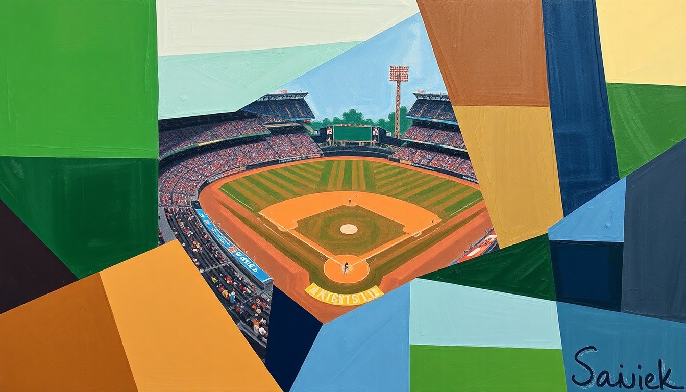 A cubist, geometric painting depicting a baseball game broken down into overlapping planes of green, brown, and blue, conveying the dynamic energy and perseverance of the Oregon State team.
