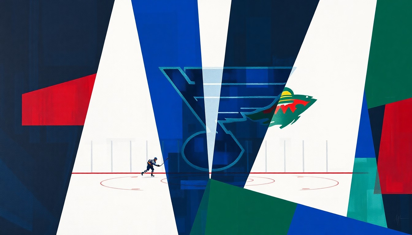A cubist, geometric painting depicting the action and energy of a hockey game, with sharp planes of navy, green, and red representing the players, puck, and arena.