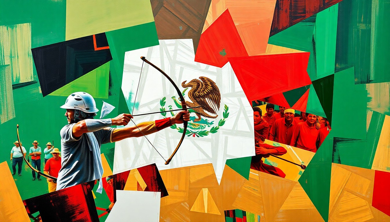 A cubist, geometric painting in the colors of the Mexican flag depicting an archery competition, with overlapping planes and fragmented perspectives conveying the dynamic energy of the sport.