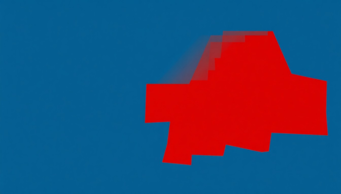 A bold, minimalist composition of jagged, geometric shapes in deep blue and bright red, conceptually representing the intersection of streaming and traditional cinema.