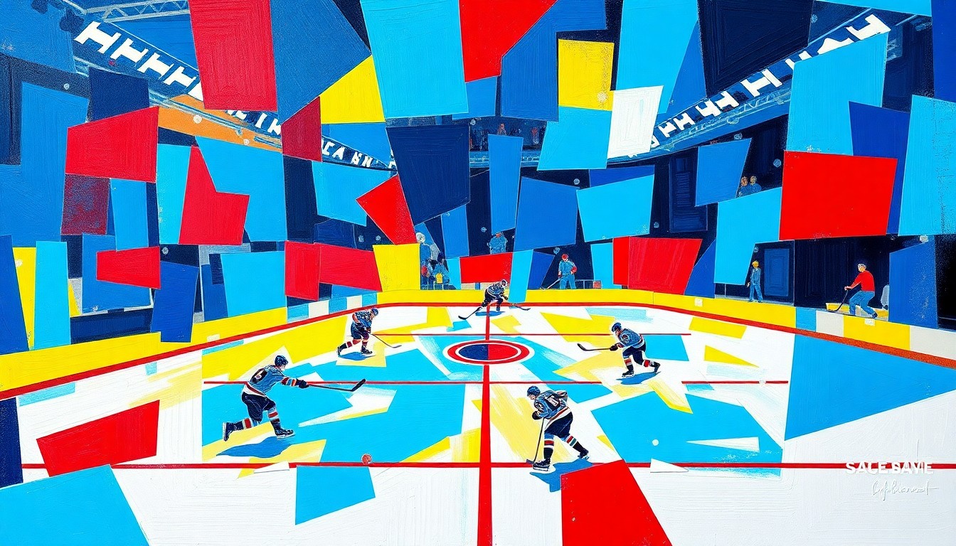 A cubist, geometric painting depicting a hockey game, with sharp, overlapping planes of bright blue, red, and yellow representing the action on the ice.