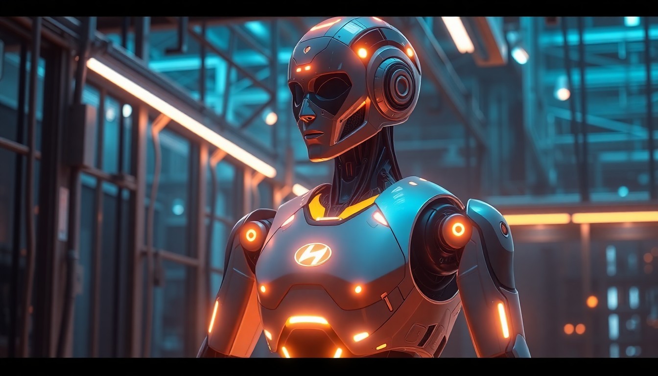 A highly detailed, glowing 3D illustration of a humanoid robot with sleek metallic limbs and a softly illuminated torso, surrounded by a network of neon-lit cables and circuits, conceptually representing Hyundai's plans to integrate advanced robotics and AI into its manufacturing processes.