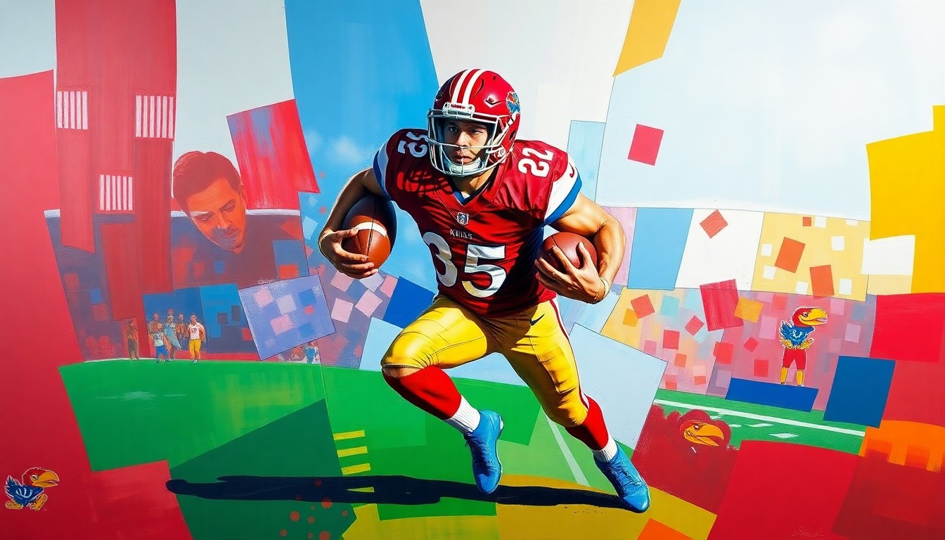 A cubist, geometric painting depicting a Kansas football player in action, with sharp, overlapping planes of crimson, blue, and yellow, capturing the dynamic energy of the sport.