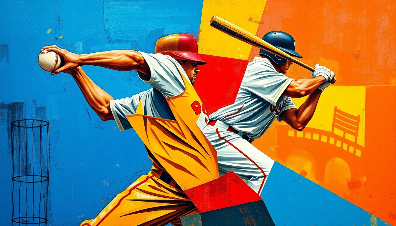 A cubist, geometric painting depicting the motion of a baseball pitcher and batter, with sharp, overlapping planes of vibrant colors like deep blue, crimson red, and golden yellow, capturing the energy and dynamism of the game.