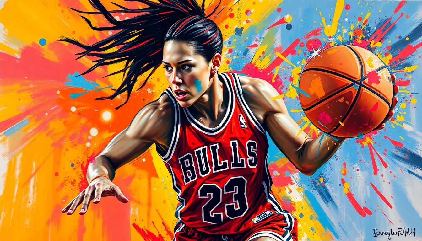An abstract expressionist painting in vibrant neon colors, featuring the powerful, dynamic movements of a female basketball player, with her face and jersey details dissolving into unrecognizable splatters of paint.