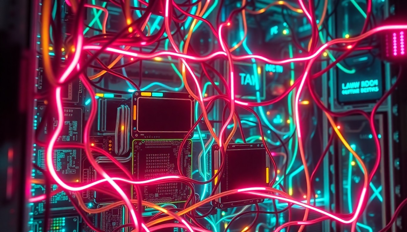 A highly detailed, glowing 3D illustration of a complex network of illuminated circuit boards, cables, and data servers, representing the digital infrastructure that supports the legal system. The pulsing neon lights symbolize the interplay of technology and the law.