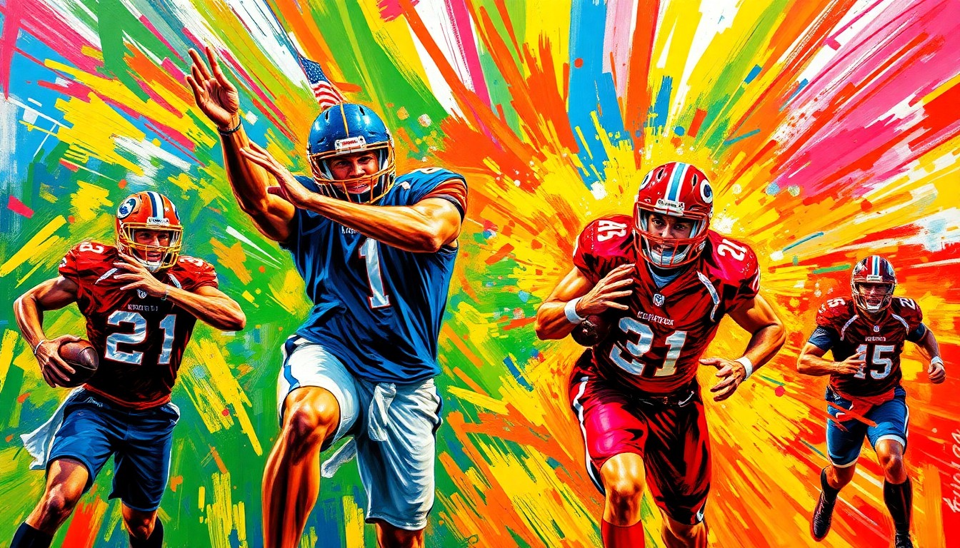 An abstract, energetic painting featuring bold brushstrokes and vibrant colors that evoke the excitement and intensity of high school sports competitions.