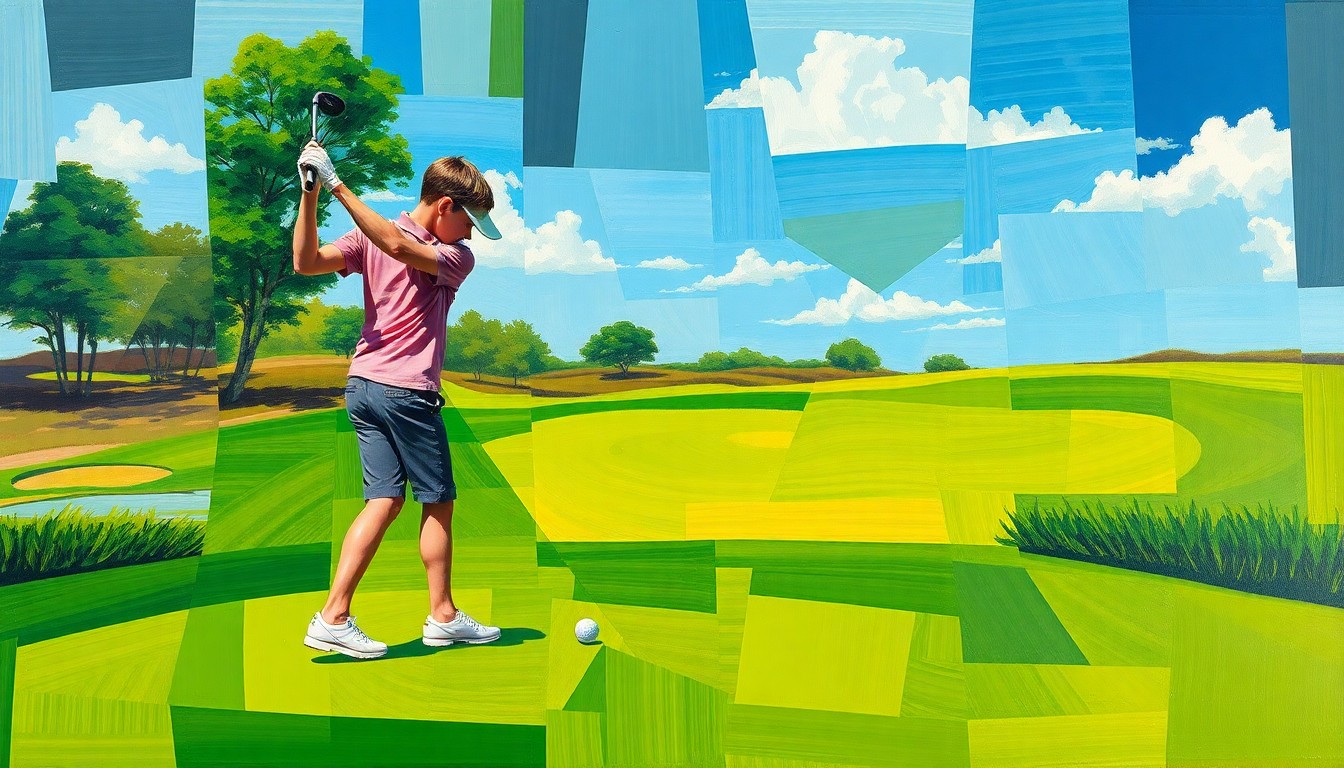 A cubist, geometric painting depicting the overlapping motions and perspectives of a young golfer's swing and putting stroke, rendered in vibrant shades of green, blue, and brown to evoke the golf course setting.