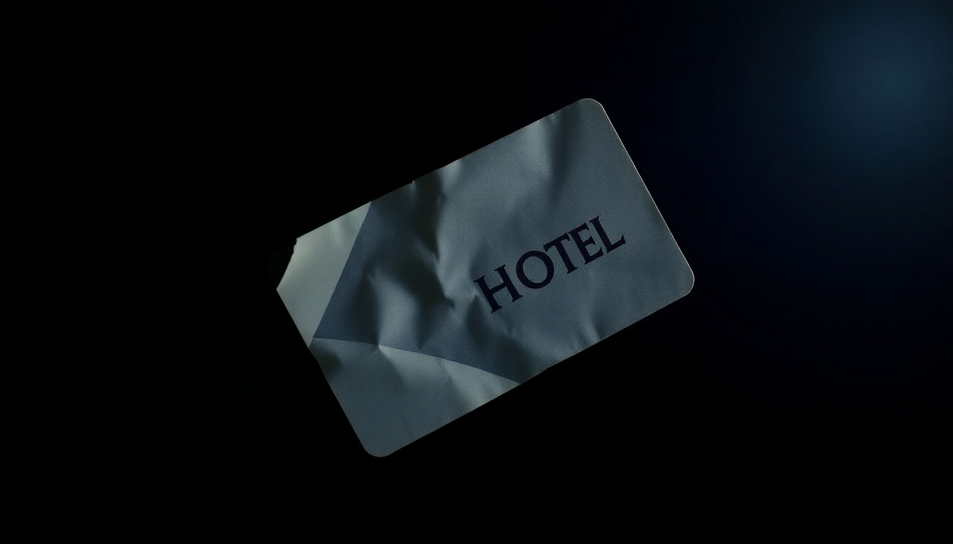 An extreme close-up photograph of a crumpled, discarded hotel room key card against a pitch-black background, lit by a harsh camera flash, conceptually representing the gritty details of a sexual assault case.