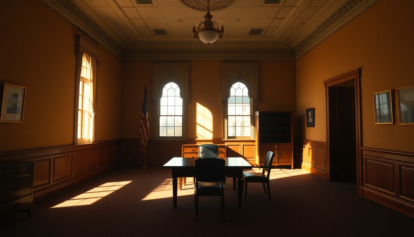 A dimly lit, cinematic painting of an empty congressional office, with warm sunlight streaming through the windows and deep shadows casting a melancholic mood, conceptually representing the ethical issues surrounding Rep. Gonzales' resignation.