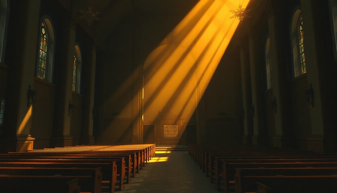 A softly lit, painterly interior scene of an empty church sanctuary, with warm sunlight streaming through the windows and deep shadows casting a contemplative mood, suggesting a setting for civic engagement and political discourse.