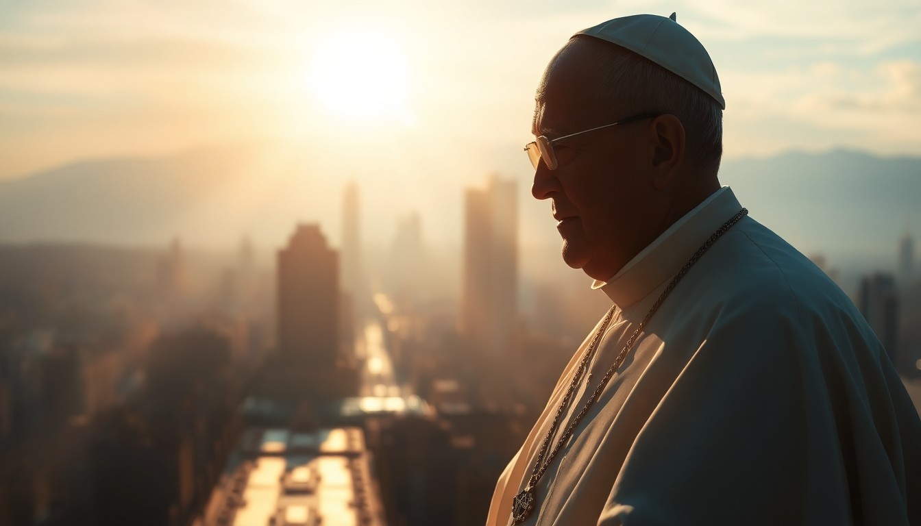 A serene, painterly image depicting a lone figure in a long robe standing in a sunlit urban plaza, with a modern city skyline visible in the background, conveying a sense of contemplation and the clash between religious and political power.