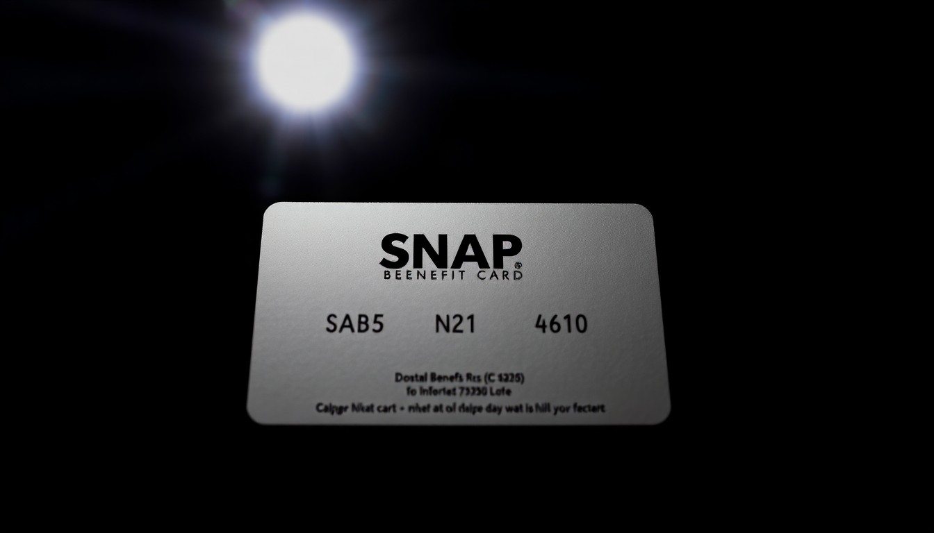 An extreme close-up photograph of a SNAP benefits card, capturing the textured surface and metallic details under harsh, direct lighting against a dark background, conceptually illustrating the crime of SNAP benefits theft.