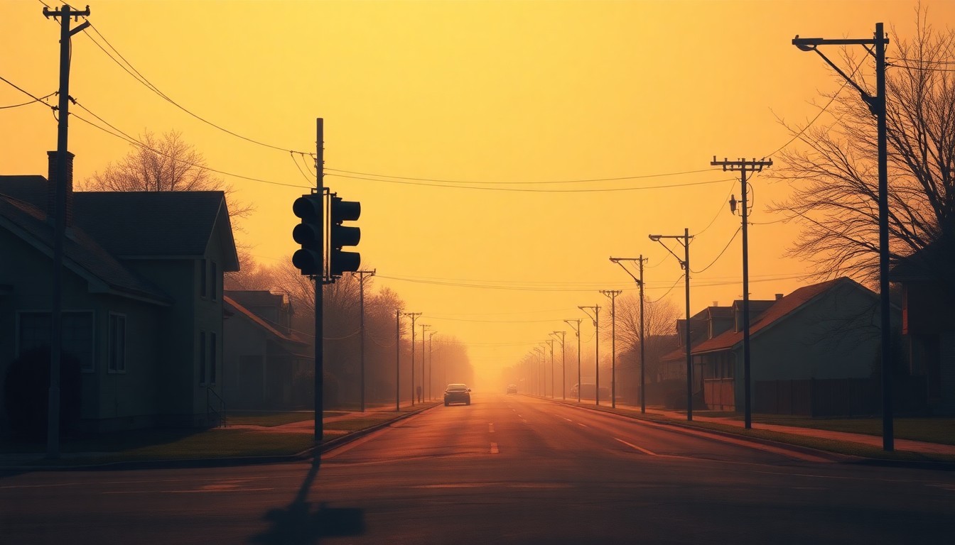 A serene, cinematic painting of a lone traffic light on an empty suburban street, with warm sunlight and deep shadows creating a sense of isolation and vulnerability.