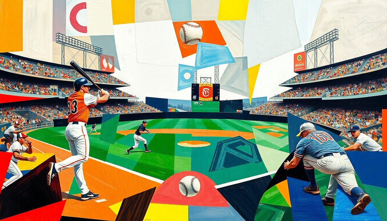 A cubist-style painting depicting a baseball game in an abstract, geometric manner, with the players and ball broken down into overlapping planes of bright colors.