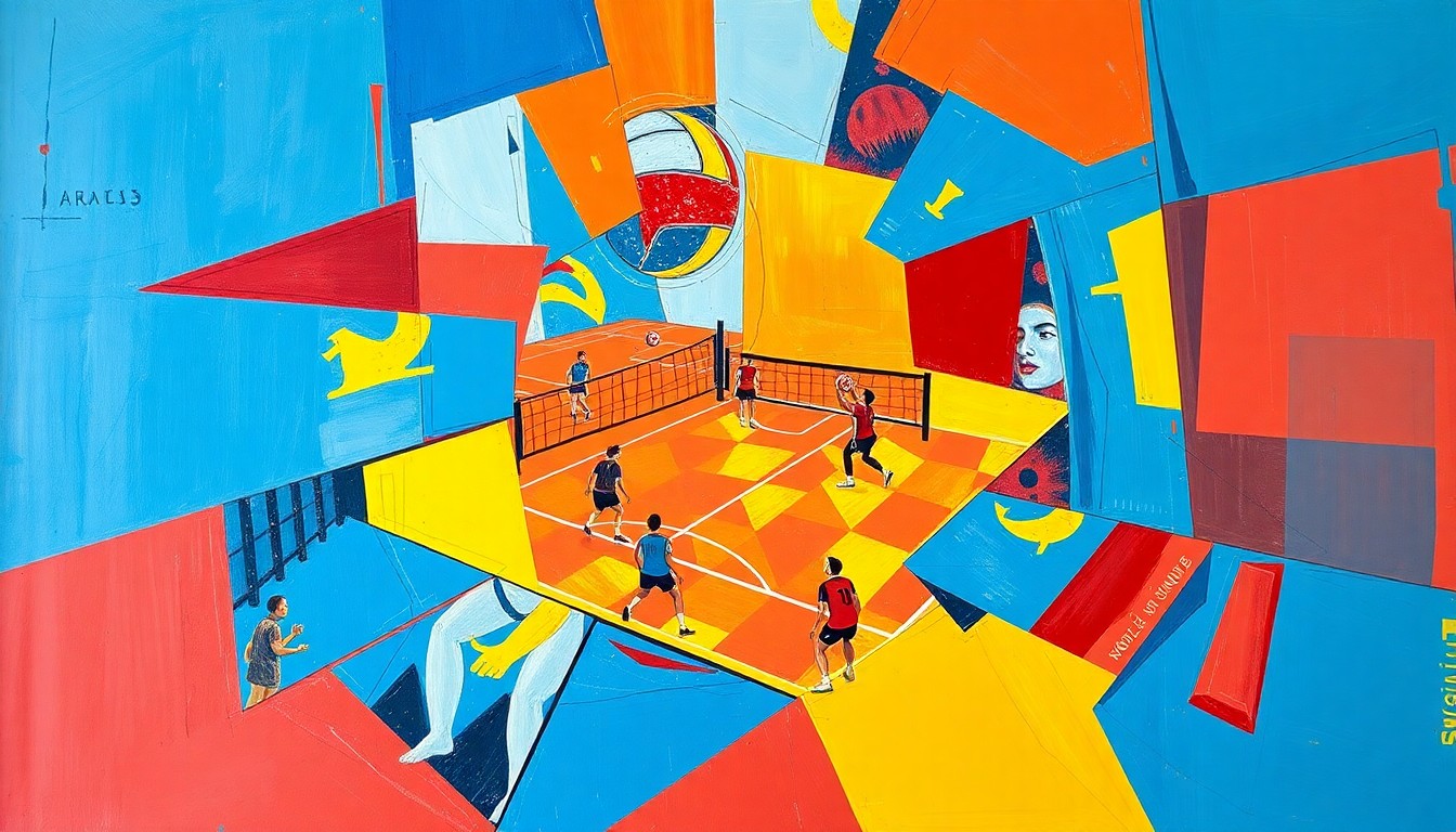 A cubist-style painting depicting a volleyball player in mid-air, surrounded by geometric shapes and planes of color, capturing the dynamic energy of the sport.