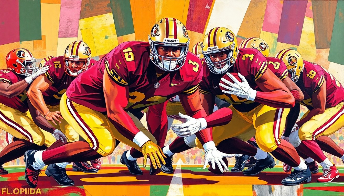 A fragmented, cubist-style painting depicting an offensive line, with sharp geometric shapes and planes in the team colors of garnet and gold, conveying the strategic and physical nature of football line play.