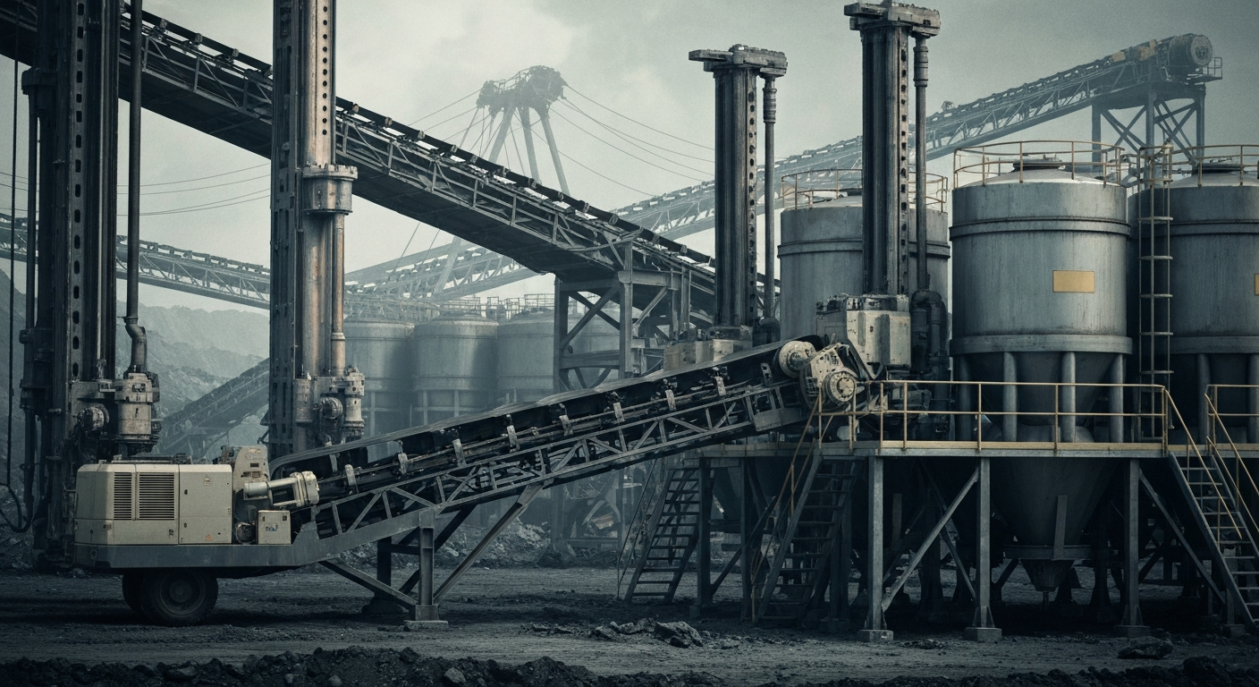 An extreme close-up of various copper mining machinery and equipment, including drills, conveyor belts, and ore processing tanks, all rendered in a muted, industrial color palette to convey the physical, capital-intensive nature of the mining industry.