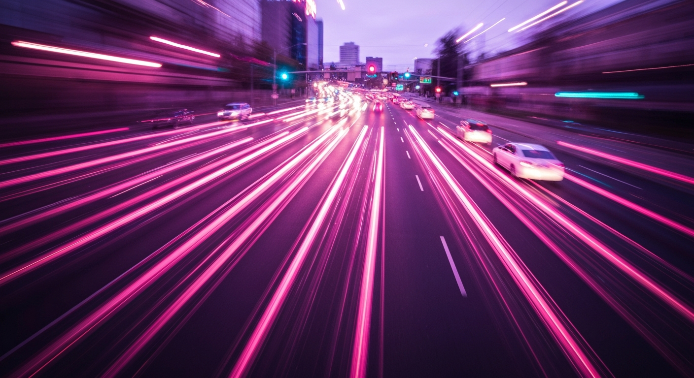 An abstract, sweeping blur of bright colors representing the motion of traffic on a busy road, conveying the chaotic energy of urban transportation.