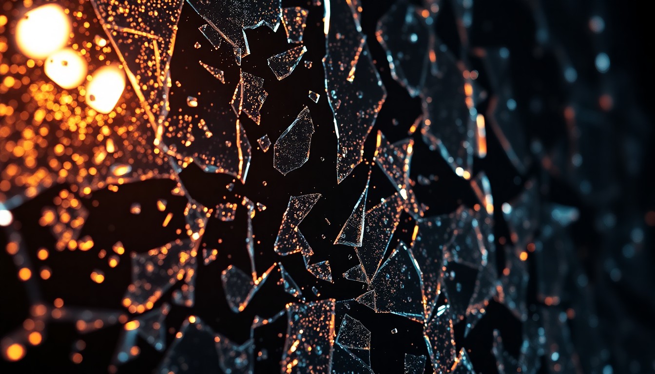 An abstract close-up photograph of shattered glass and glittering shards, using dramatic studio lighting to create a high-contrast, high-fashion aesthetic that evokes the dark, intense atmosphere of the Bloodborne video game.