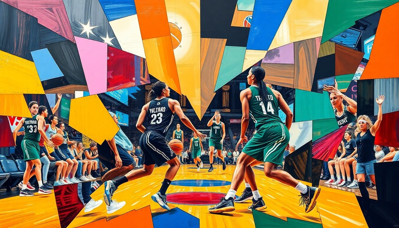 A cubist, geometric painting depicting a WNBA basketball game, with the players and court broken down into sharp, overlapping shapes in the colors of the Toronto Tempo and Washington Mystics uniforms.