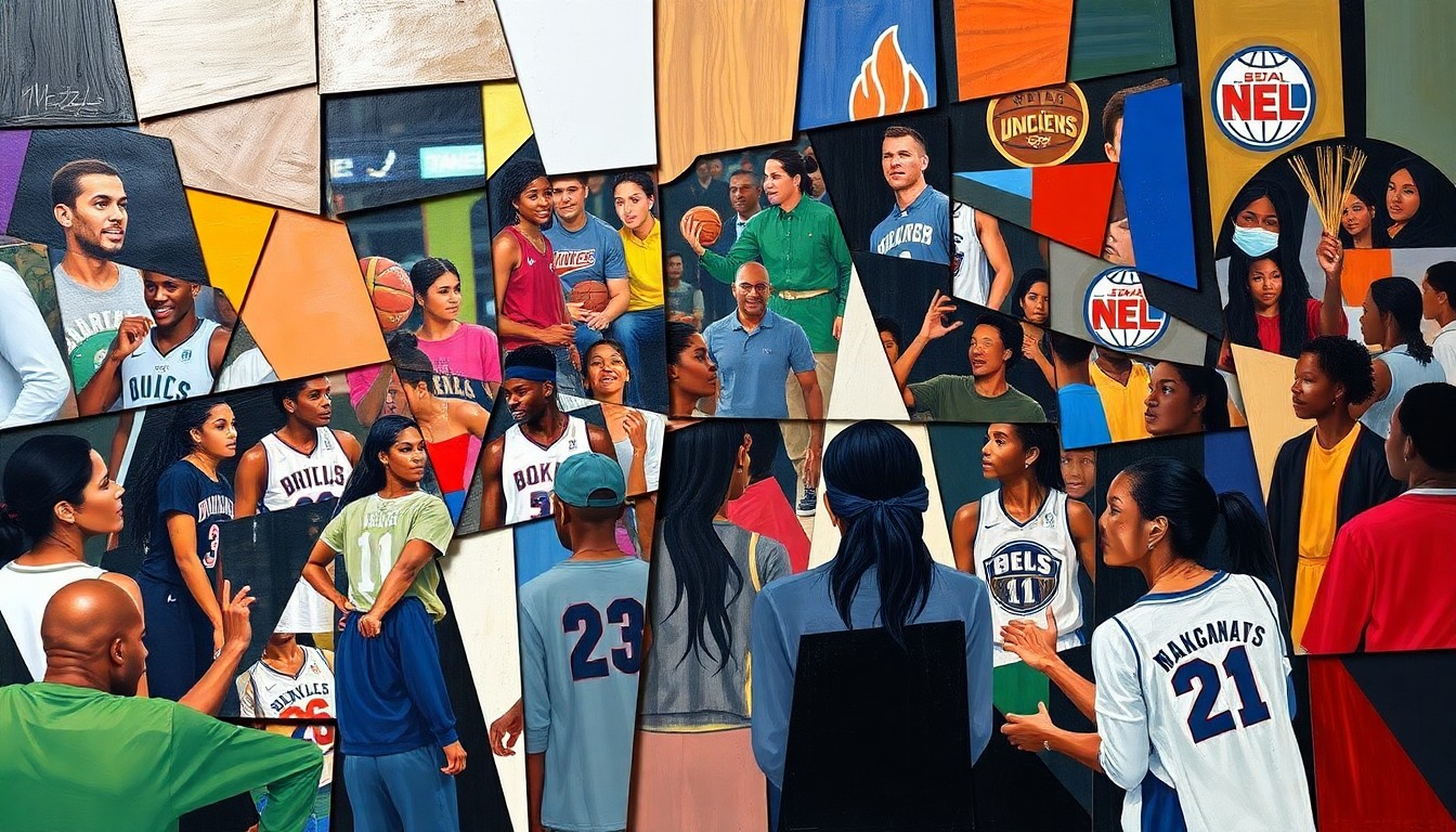 A fractured, multi-perspective painting depicting a WNBA draft day scene, with players, team logos, and the energy of the event broken down into sharp, overlapping geometric planes in a dynamic, cubist composition.
