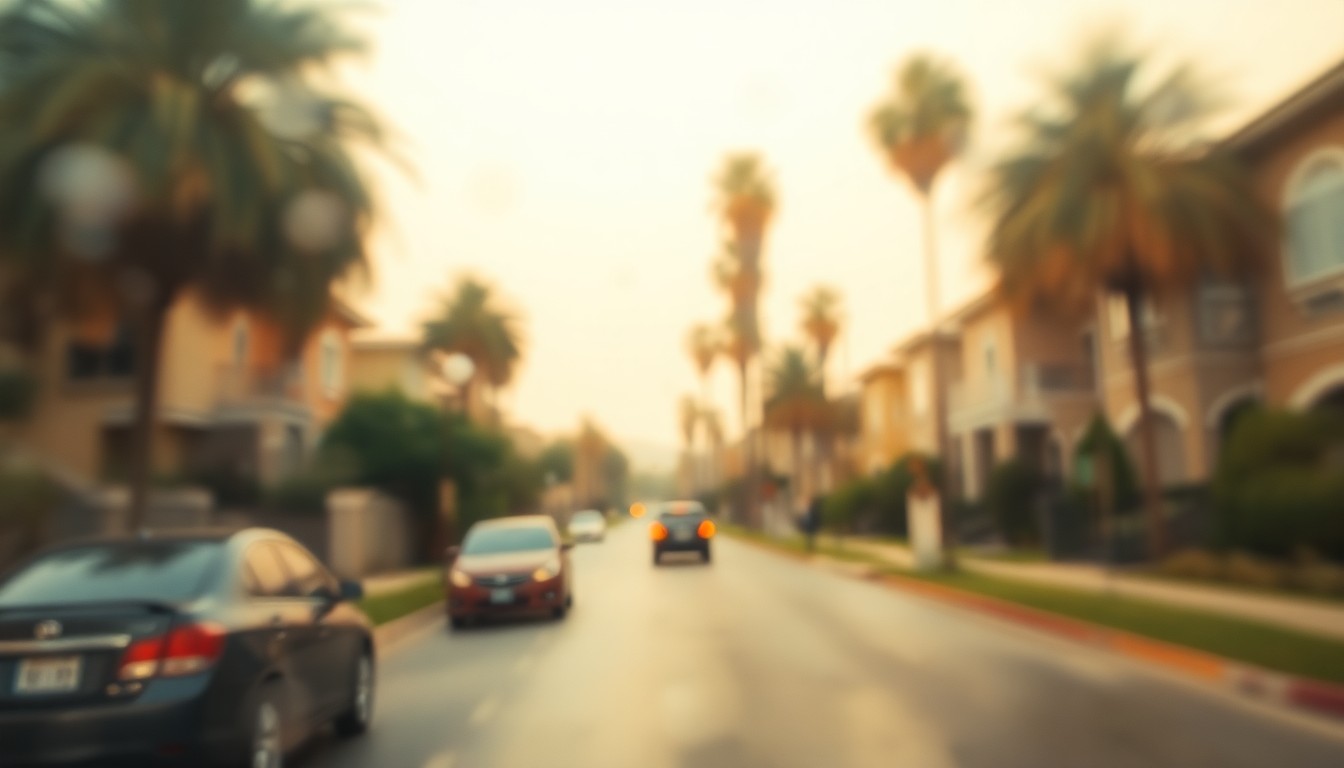 An abstract, impressionistic photograph showing a blurred, hazy scene of a residential street with palm trees and cars, conveying a sense of isolation and entrapment.