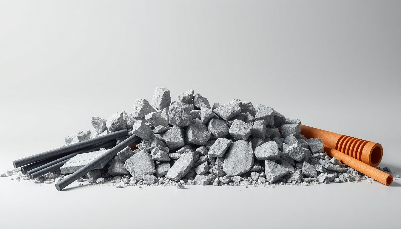 A high-end, photorealistic studio still-life photograph featuring a pile of concrete rubble, steel rods, and construction debris arranged elegantly on a clean, monochromatic background, conceptually representing the abstract concept of commercial demolition.