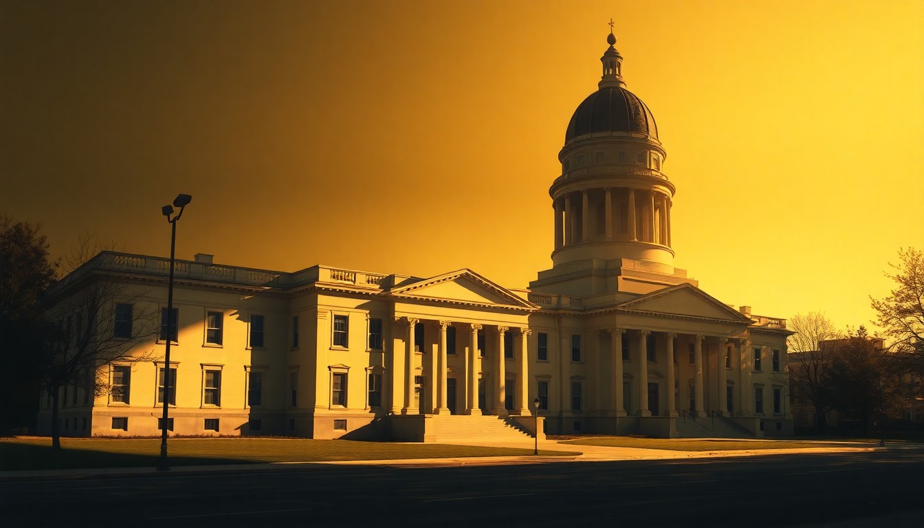 A photorealistic painting of the Maryland State House in Annapolis, rendered in a warm, cinematic style with deep shadows and diagonal sunlight, capturing the quiet drama of the political struggle over congressional redistricting.