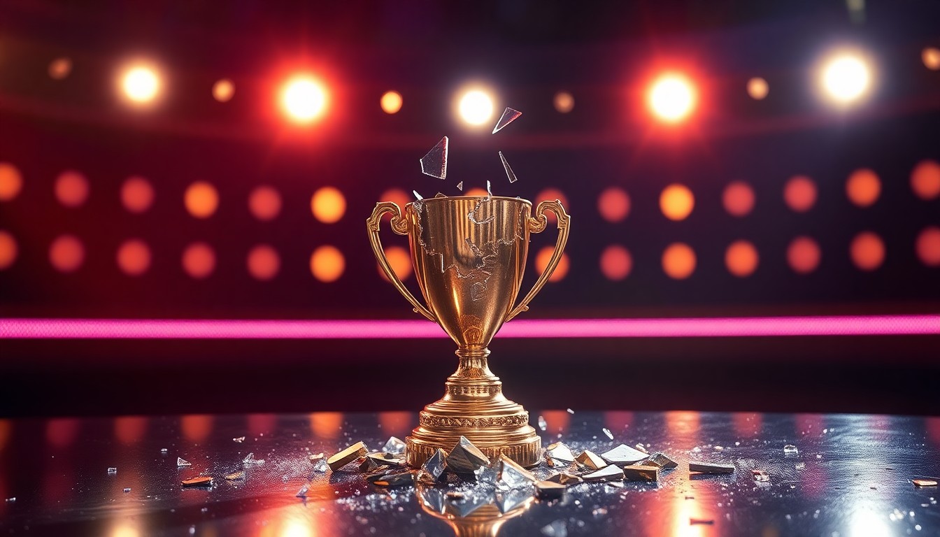 An extreme close-up of a shattered trophy reflecting bright studio lights, conceptually representing the hard-won achievements of a 'Jeopardy!' champion.