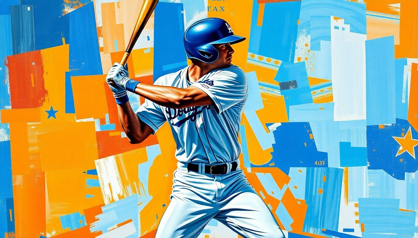 A fractured, cubist-style painting depicting a baseball player's batting stance and swing broken down into sharp, overlapping geometric shapes in shades of blue and orange, conveying the dynamic energy and frustration of a star player struggling at the plate.