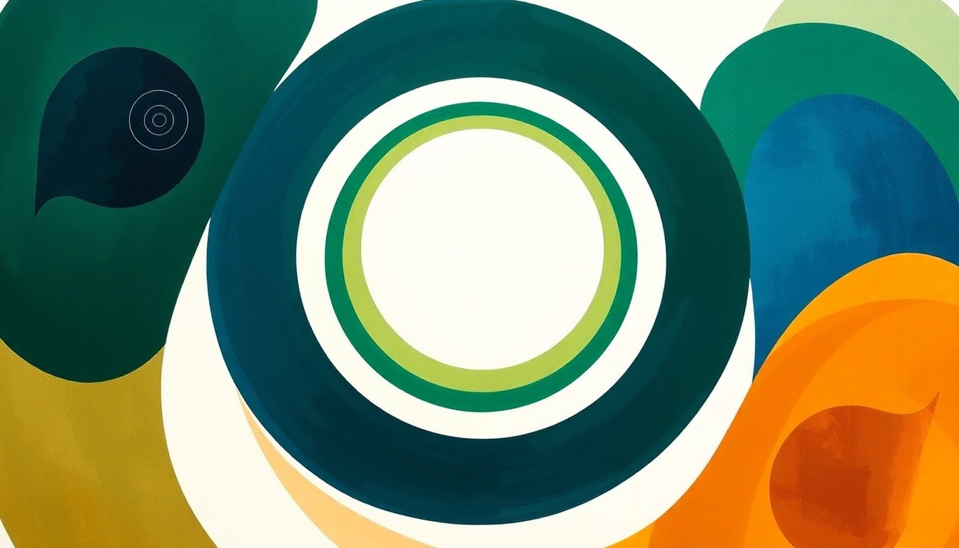 A highly structured abstract painting in soft, earthy tones featuring sweeping geometric arcs, concentric circular motifs, and precise botanical or physical spirals, conceptually representing the interconnected research disciplines and discoveries happening across the University of Kentucky campus.