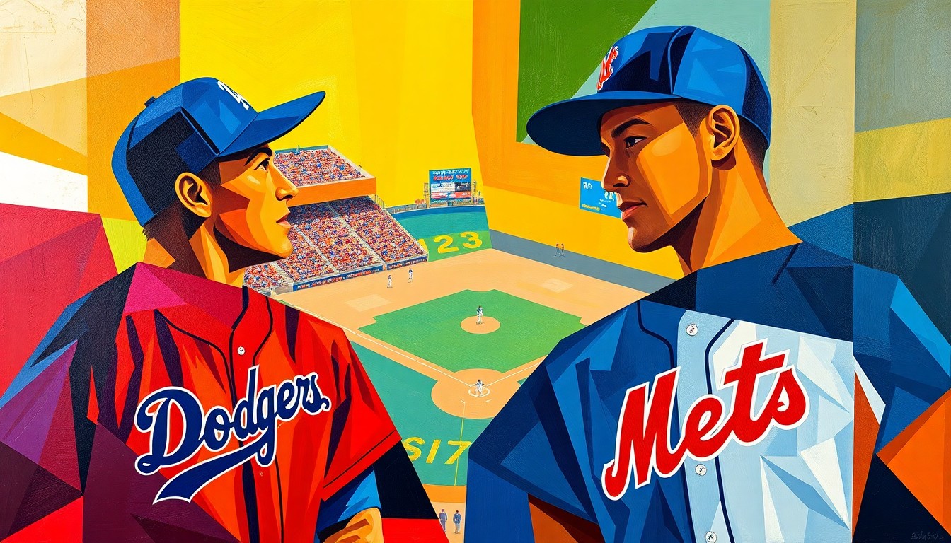 A fractured, multi-perspective painting featuring sharp, overlapping geometric planes in the vibrant colors of the Dodgers and Mets uniforms, capturing the energy and action of the baseball game in an abstract, cubist style.