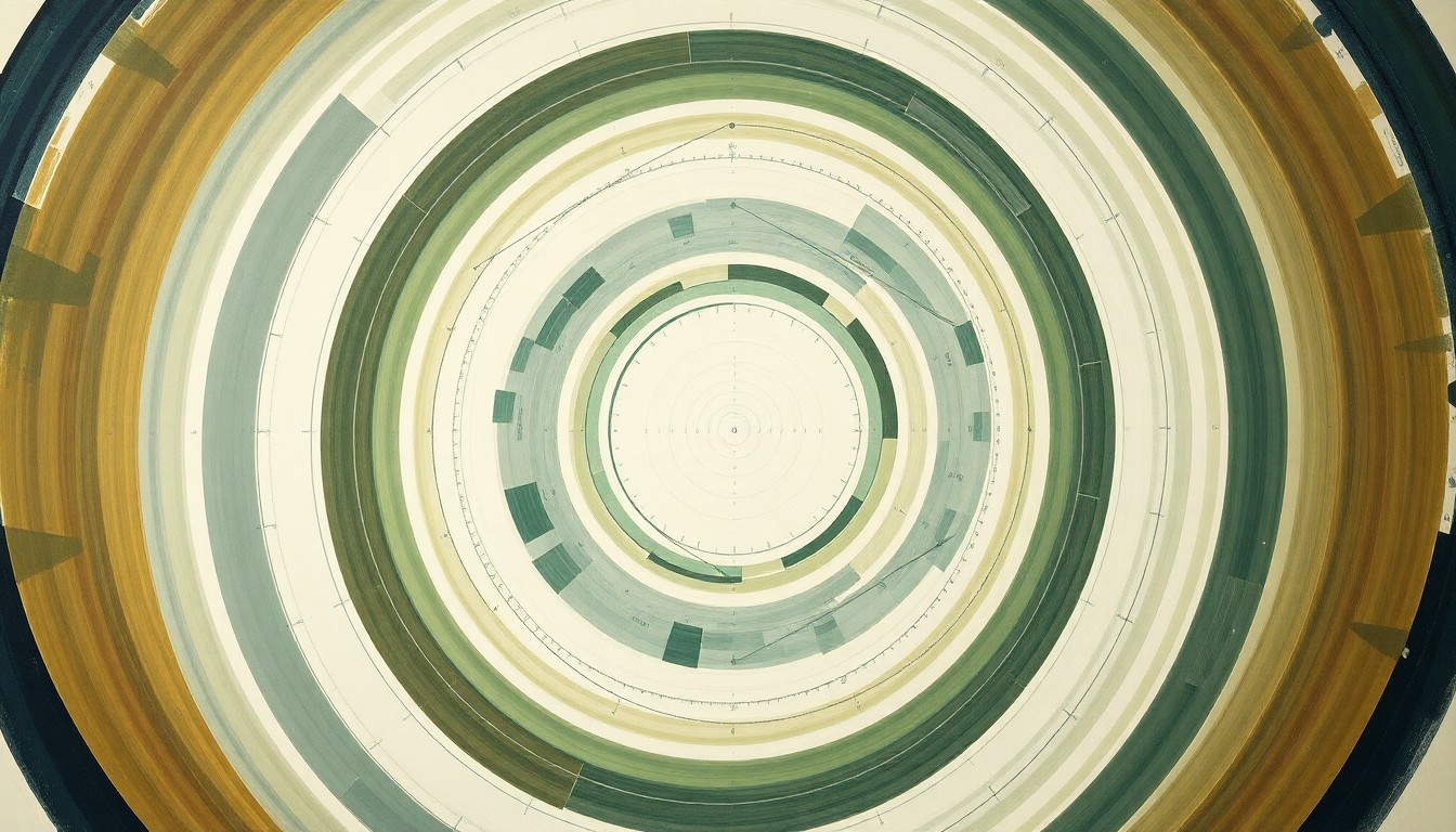 A highly structured abstract painting featuring sweeping geometric arcs, concentric circles, and precise botanical spirals in earthy tones of green, brown, and blue, conceptually representing the complex forces and scale of the nuclear workforce challenge facing the Intermountain West region.