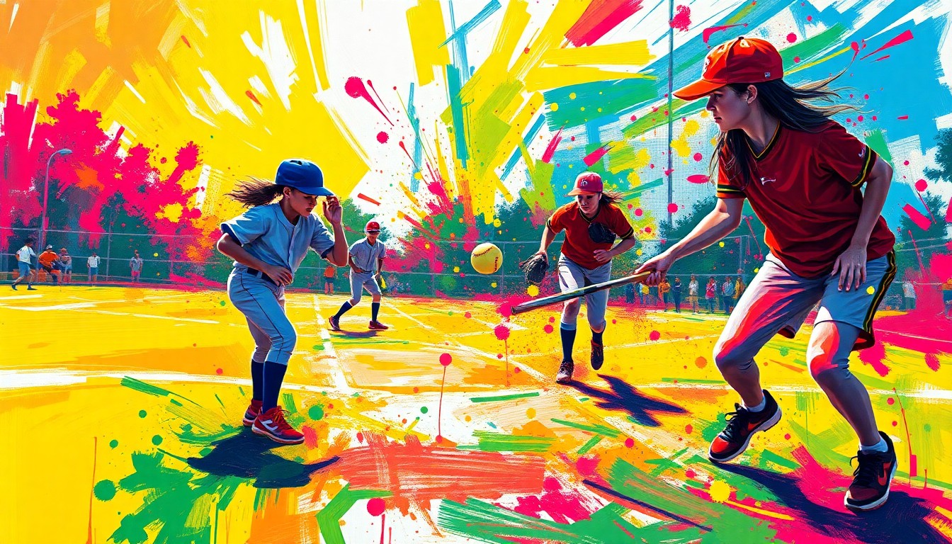 An abstract expressionist painting in vibrant neon colors, capturing the dynamic motion and energy of a high school softball game with players and the ball blending into bold, gestural brushstrokes.