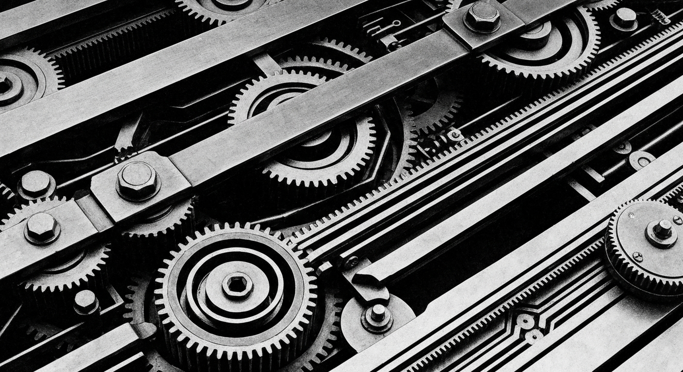 An extreme close-up of a tangle of gears, levers, and circuits, representing the intricate workings of the financial system as a metaphor for the challenges individuals face in managing their debt.