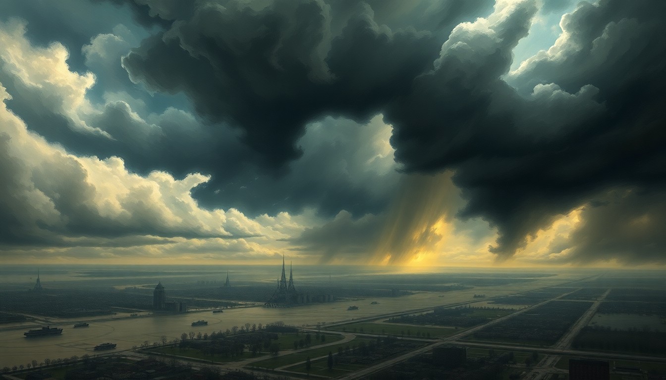 A vast, atmospheric landscape painting depicting a stormy, ominous sky filled with dark, swirling clouds over a flooded, desolate cityscape, conveying the overwhelming, sublime power of nature as it threatens to overwhelm the urban environment.